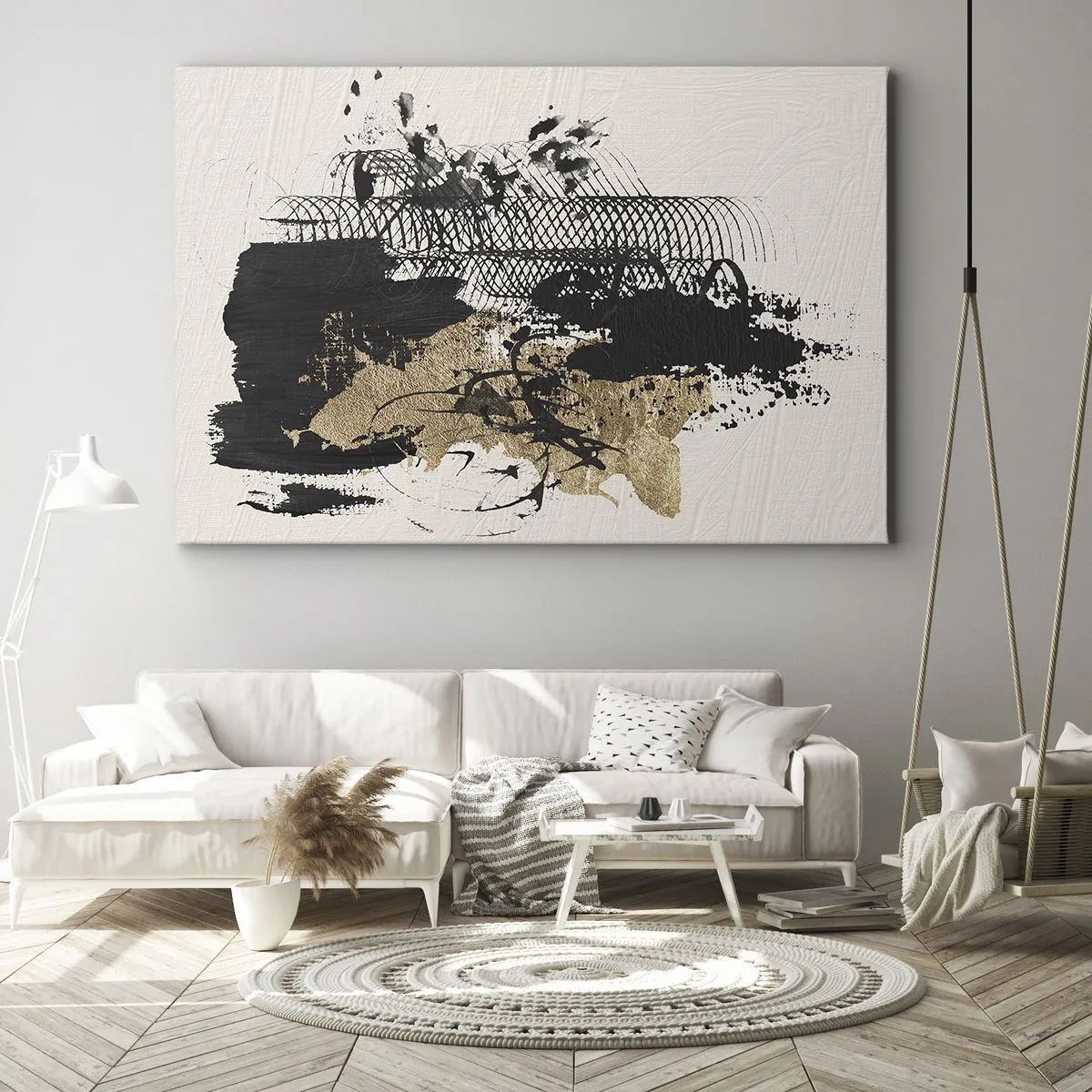 Schilderen op canvas - Een abstract schilderij in zwart en goud met dynamische lijnen en structuren. - 70x50cm - Compositie met passie - Moderne wanddecoratie voor woonkamer en slaapkamer ARTTOR