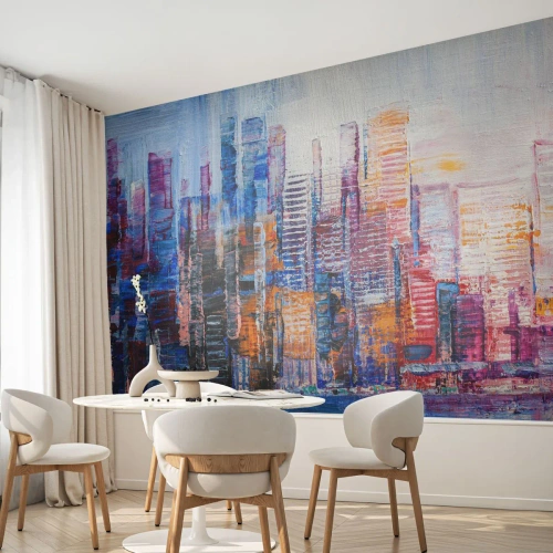 Fotobehang Premium Sand - Een vrolijke metropool - Stad, Architectuur, Wolkenkrabbers - 300x210 cm