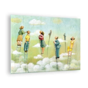 Schilderen op glas - Figuren die ladders beklimmen tussen de wolken - 70x50cm - Achter je droom - Moderne wanddecoratie voor woonkamer en slaapkamer ARTTOR