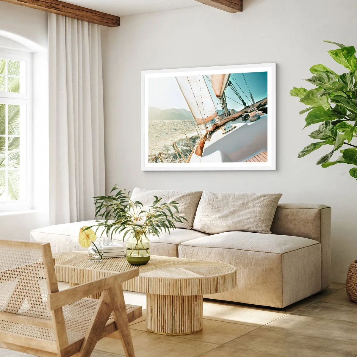 Poster in een witte lijst - Onder vol zeil - 91x61 cm