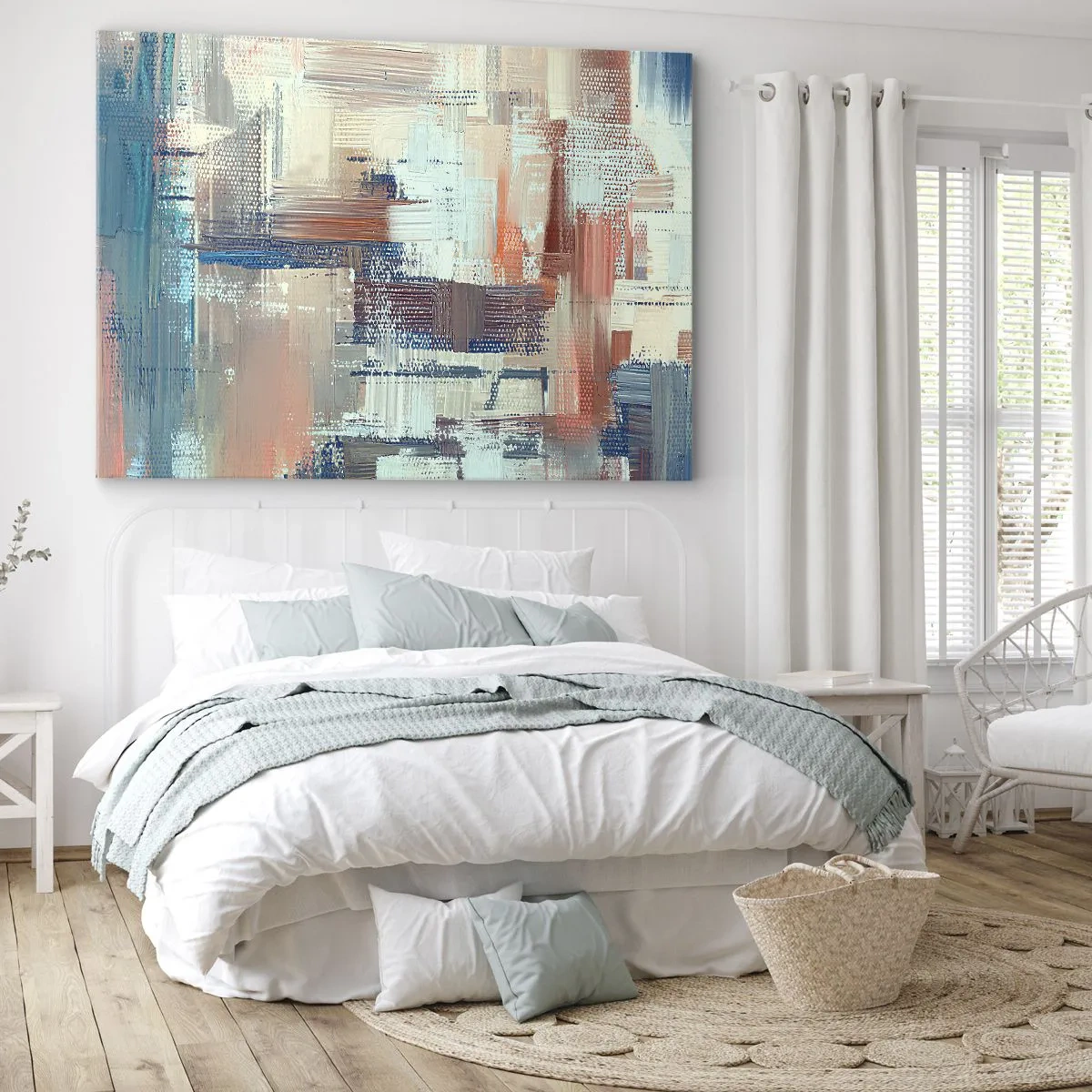 Schilderen op canvas - Abstracte compositie in tinten blauw en beige - 70x50cm - Het licht bereiken - Moderne wanddecoratie voor woonkamer en slaapkamer ARTTOR
