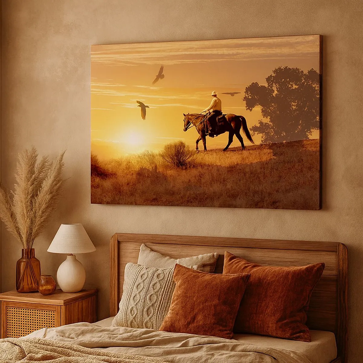 Schilderen op canvas - Een ruiter op een paard bij zonsondergang tegen de prairie - 70x50cm - Alleen over de prairie - Moderne wanddecoratie voor woonkamer en slaapkamer ARTTOR