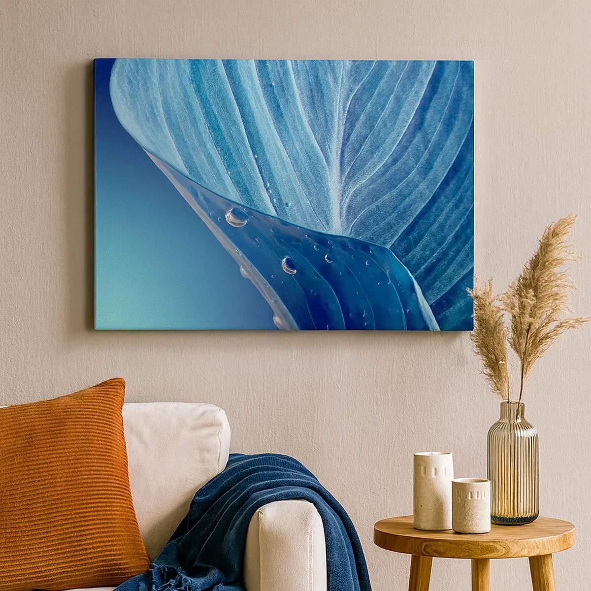 Schilderen op canvas - Een blauw blad met zichtbare waterdruppels - 70x50cm - Verborgen druppels blauw - Moderne wanddecoratie voor woonkamer en slaapkamer ARTTOR