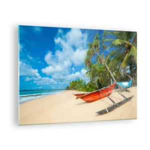 Schilderen op glas - Tropisch strand met palmbomen en traditionele boten - 70x50cm - De charme van de tropen - Moderne wanddecoratie voor woonkamer en slaapkamer ARTTOR