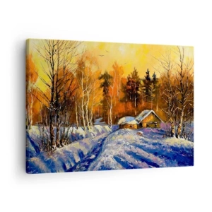 Schilderen op canvas - Winterlandschap met een huis in het licht van de ondergaande zon - 70x50cm - Winter impressie in de zon - Moderne wanddecoratie voor woonkamer en slaapkamer ARTTOR