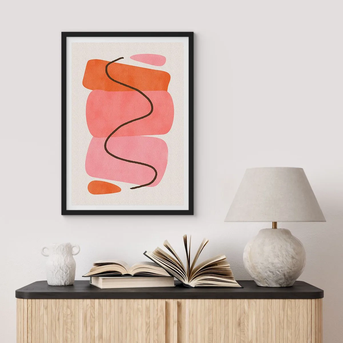 Poster in een zwarte lijst - Abstracte compositie van geometrische vormen - 50x70cm - zachte beweging van vormen - Moderne wanddecoratie voor woonkamer en slaapkamer ARTTOR
