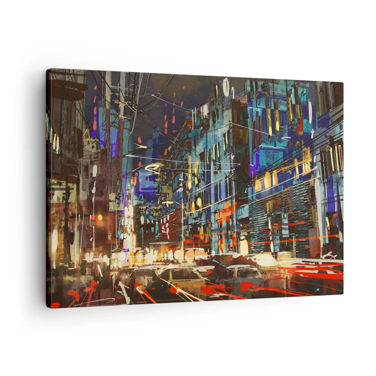 Schilderen op canvas - Nachtscène in de stad met neonlichten - 70x50cm - Avonddrukte op straat - Moderne wanddecoratie voor woonkamer en slaapkamer ARTTOR