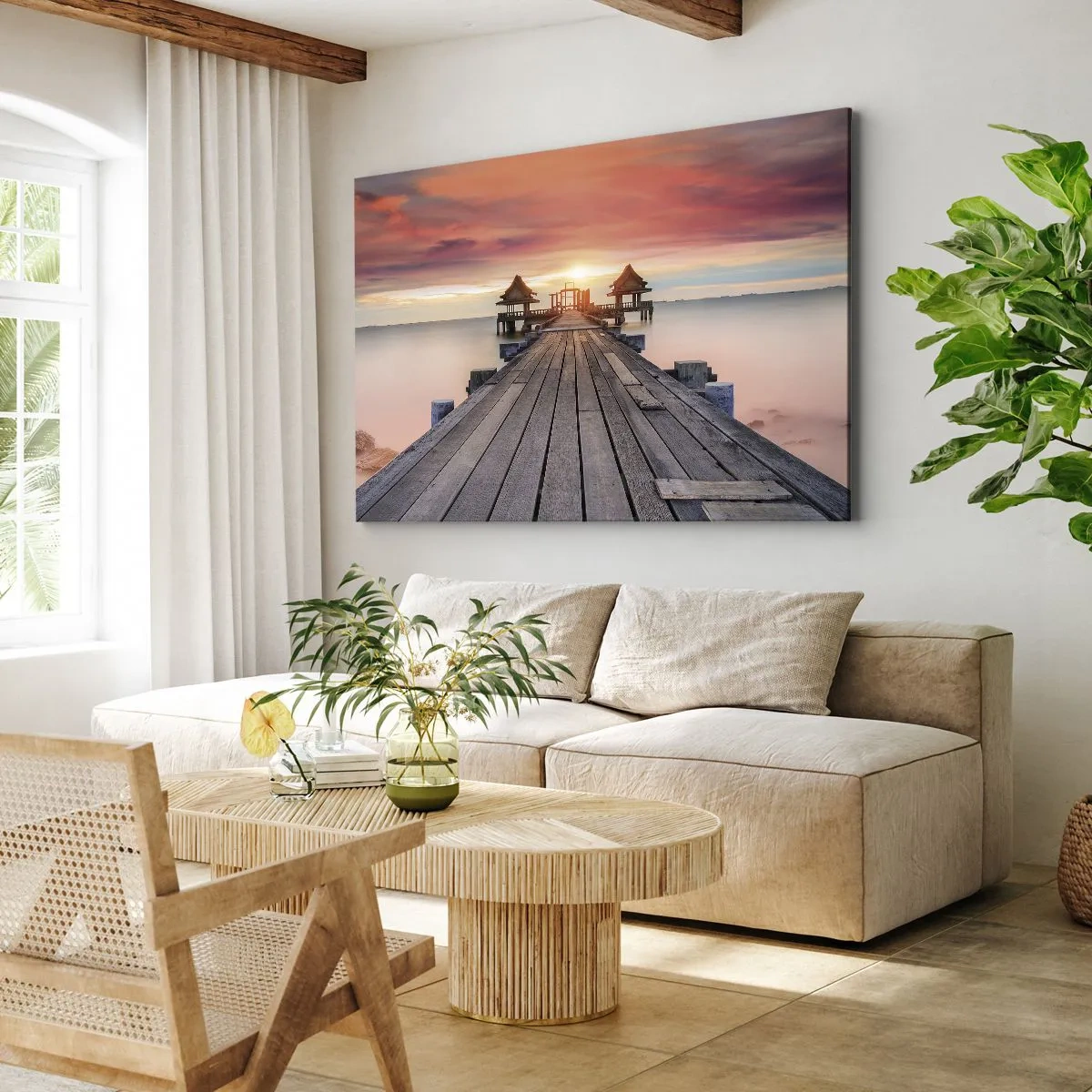 Schilderen op canvas - Houten pier die naar prieelen leidt bij zonsondergang - 70x50cm - West in het Oosten - Moderne wanddecoratie voor woonkamer en slaapkamer ARTTOR