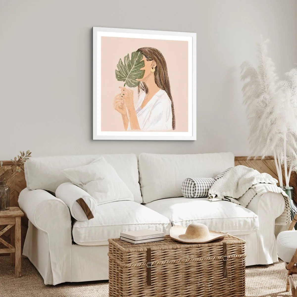 Poster in een witte lijst - Mysterieus portret met een waaier - 60x60 cm