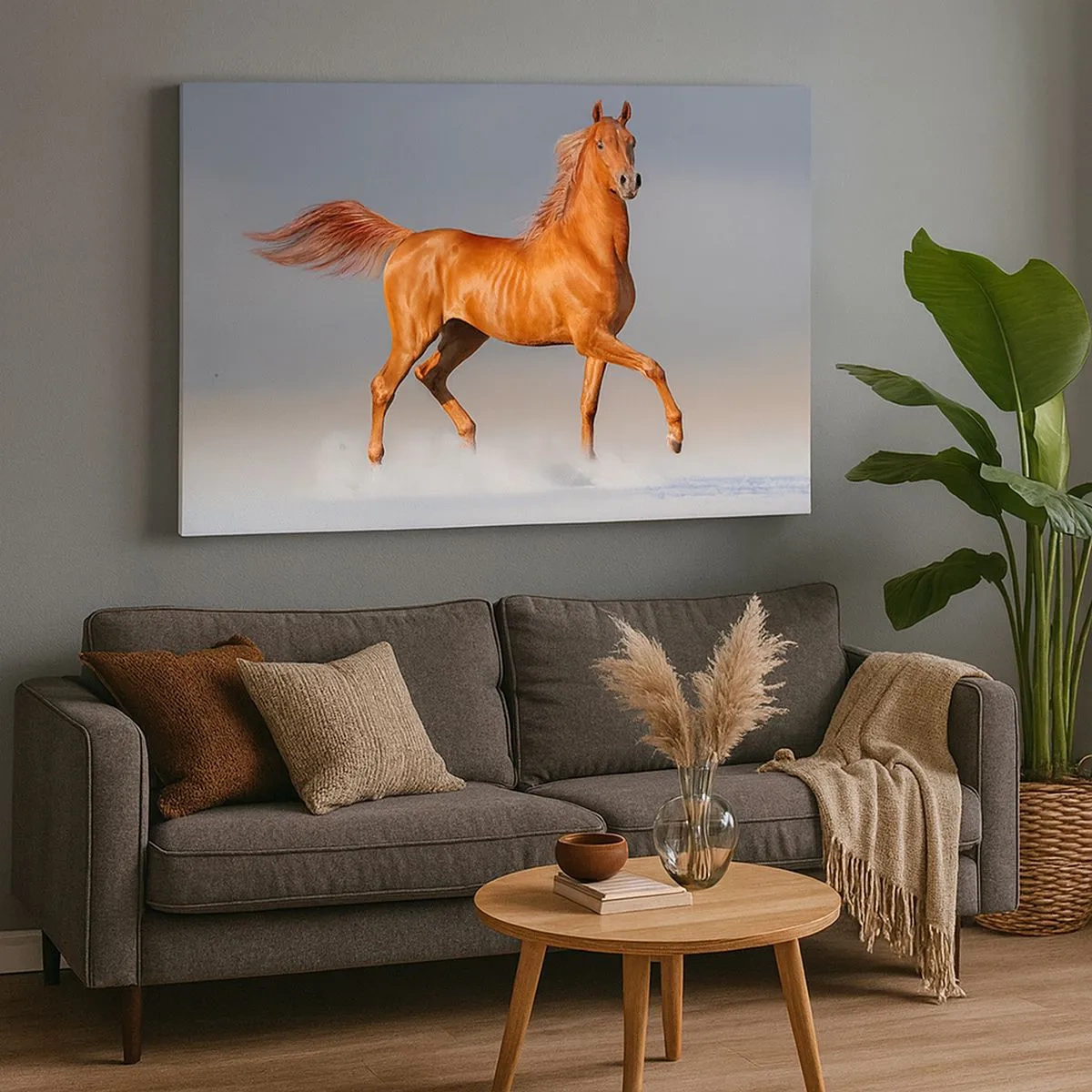 Schilderen op canvas - Een galopperend paard tegen een blauwe lucht - 70x50cm - Dansende elegantie - Moderne wanddecoratie voor woonkamer en slaapkamer ARTTOR