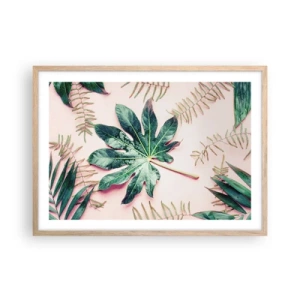 Een poster in een licht eiken lijst - Een studie van groen op een roze achtergrond - 70x50 cm