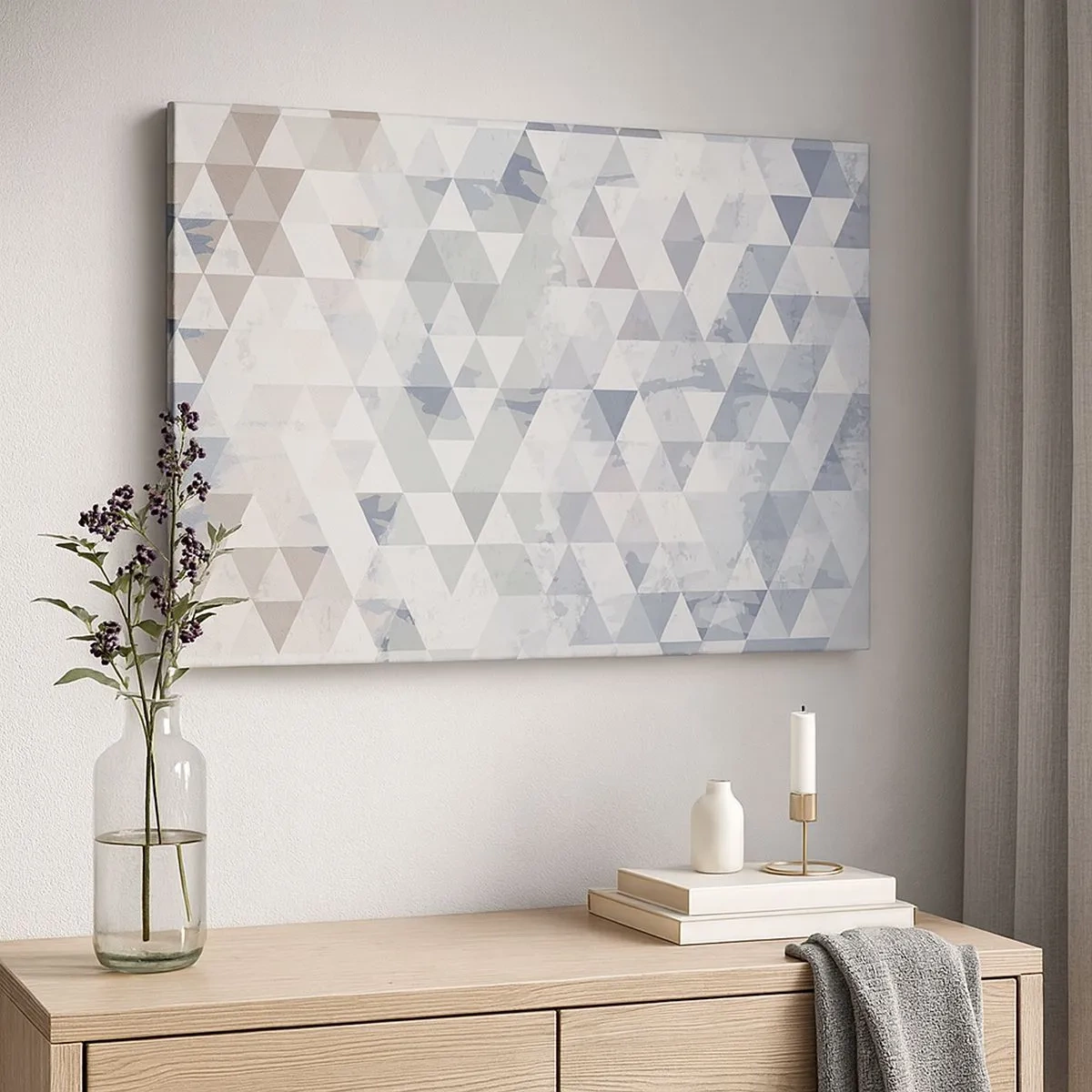 Schilderen op canvas - Geometrisch driehoekspatroon in pasteltinten - 70x50cm - In ritme op drie - Moderne wanddecoratie voor woonkamer en slaapkamer ARTTOR