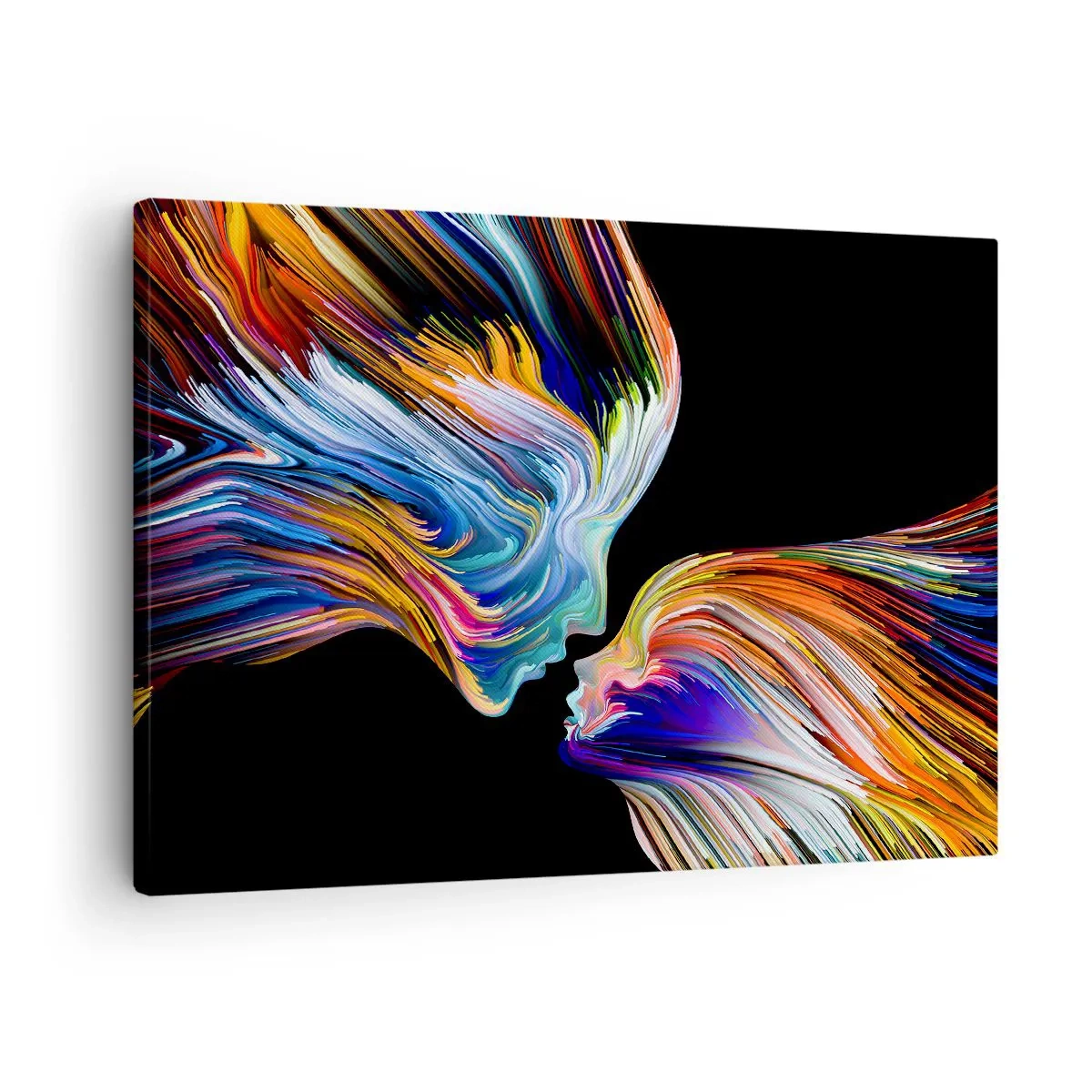 Schilderen op canvas - Kleurrijke silhouetten van gezichten in dynamische stromen op een zwarte achtergrond - 70x50cm - Een samensmelting van energie en licht - Moderne wanddecoratie voor woonkamer en slaapkamer ARTTOR