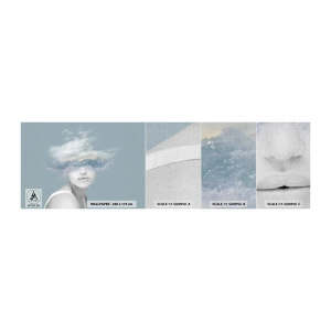 Fotobehang Monster Premium Canvas - Met hoofd in de wolken - Helder, Portret, Wolken - 100x30 cm