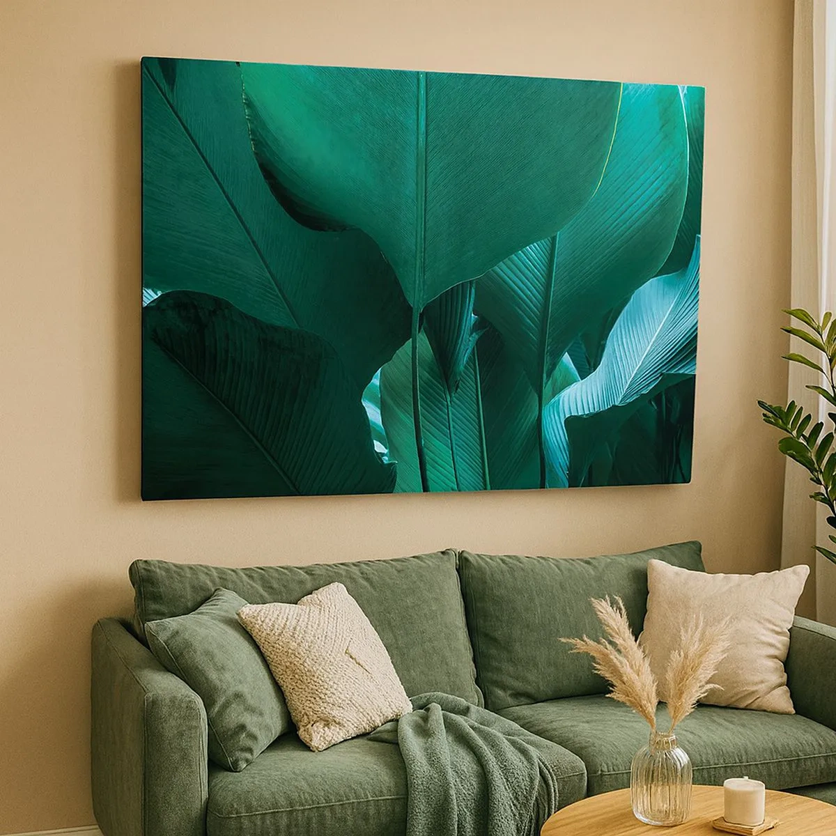 Schilderen op canvas - Groene bladeren in een minimalistische compositie - 70x50cm - Naar het licht gekeerd - Moderne wanddecoratie voor woonkamer en slaapkamer ARTTOR