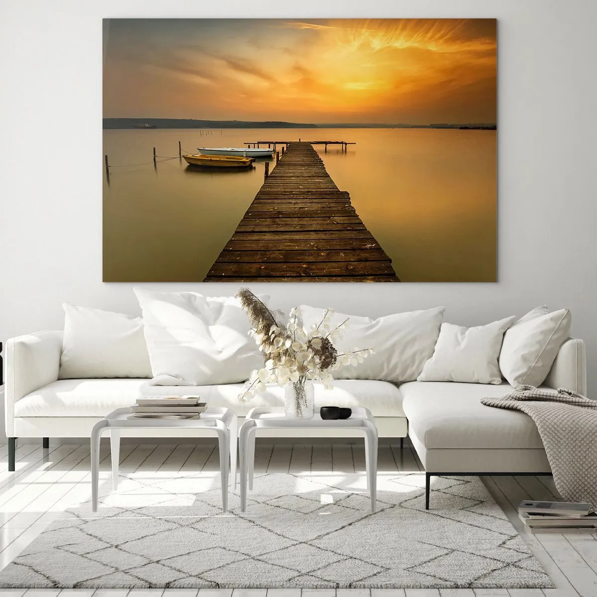 Schilderen op glas - Pier op het meer bij zonsondergang met een boot - 70x50cm - Ik zal de gouden hemel voor je openen - Moderne wanddecoratie voor woonkamer en slaapkamer ARTTOR