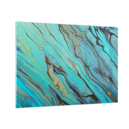 Schilderen op glas - Abstracte strepen in turquoise en goud - 70x50cm - Turquoise vloed - Moderne wanddecoratie voor woonkamer en slaapkamer ARTTOR
