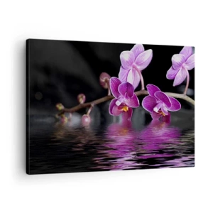 Schilderen op canvas - Paarse orchideeën boven kalm water tegen een zwarte achtergrond - 70x50cm - Lila weerspiegeling van schoonheid - Moderne wanddecoratie voor woonkamer en slaapkamer ARTTOR
