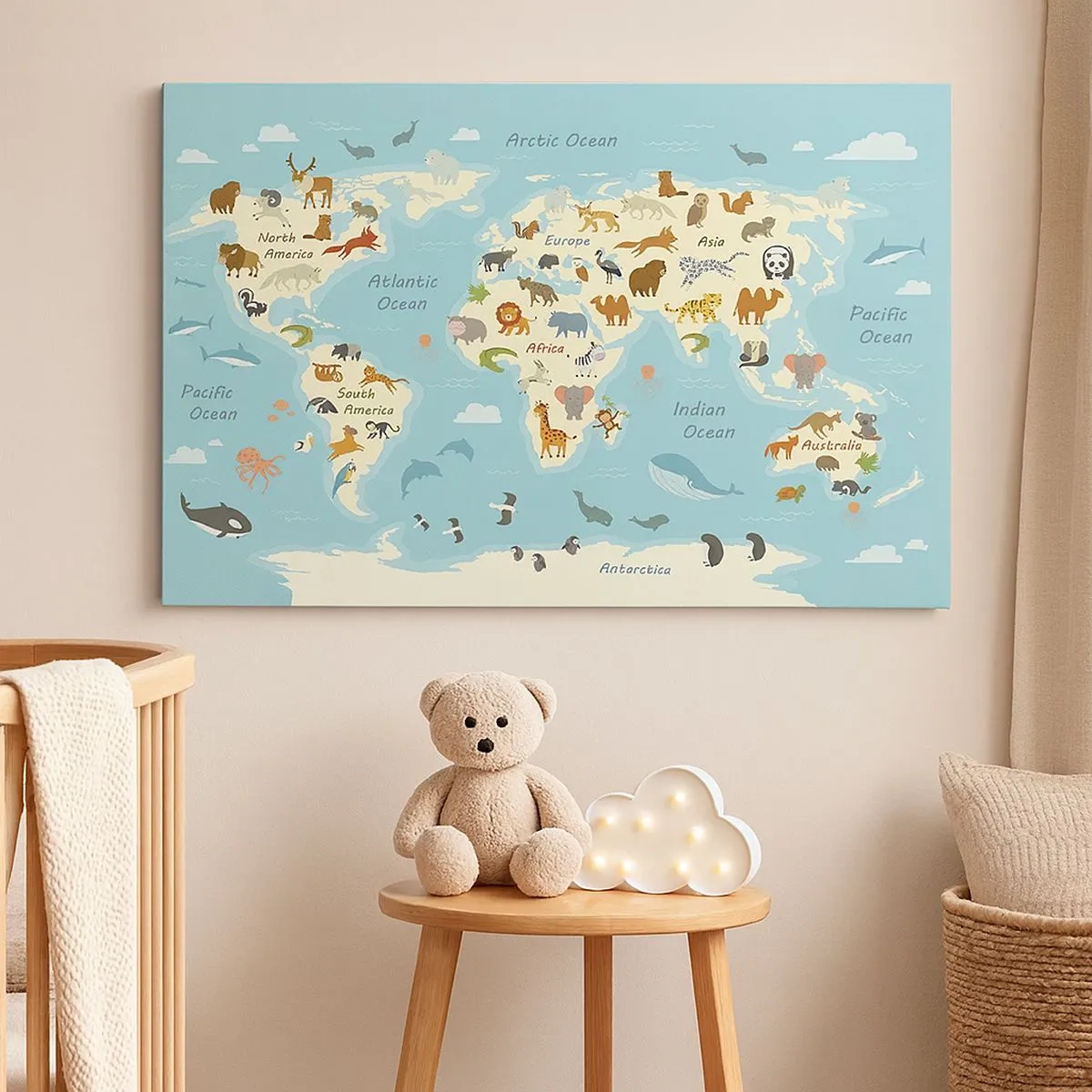 Schilderen op canvas - Wereldkaart met dierenillustraties - 70x50cm - Goede buren - Moderne wanddecoratie voor woonkamer en slaapkamer ARTTOR