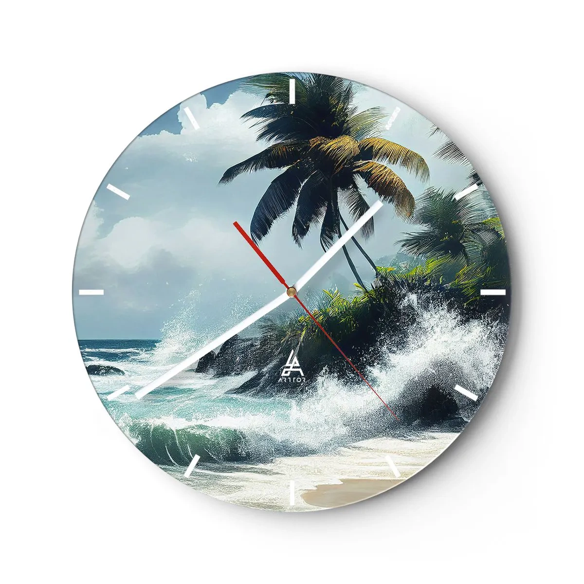 Wandklok - Klok - Tropisch strand met palmbomen en beukende oceaan golven - 30x30cm - Op een tropische kust - Moderne wanddecoratie voor woonkamer, keuken en slaapkamer ARTTOR