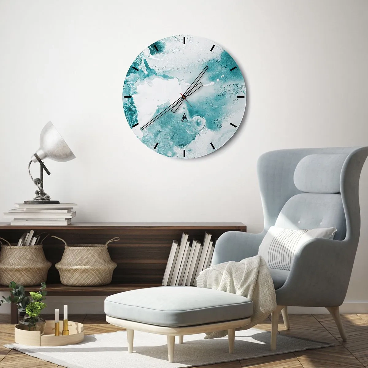Wandklok - Klok - Abstracte compositie in turquoise en witte tinten - 30x30cm - Moerast van blauw - Moderne wanddecoratie voor woonkamer, keuken en slaapkamer ARTTOR