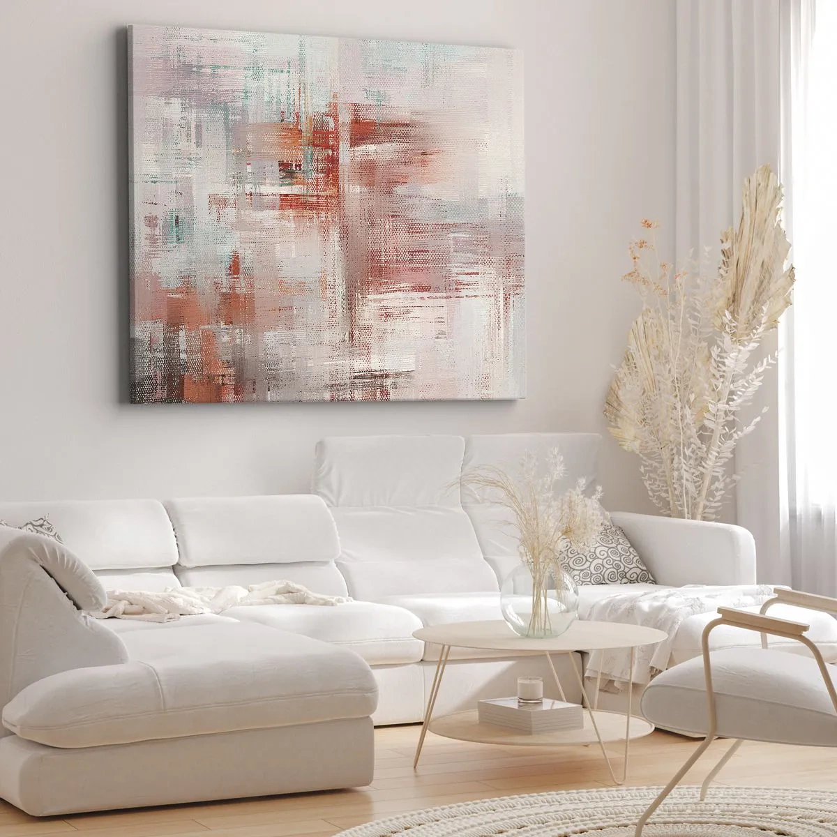 Schilderen op canvas - Een abstracte compositie met tinten rood en pastelkleuren. - 70x50cm - Vaag. Maar roze - Moderne wanddecoratie voor woonkamer en slaapkamer ARTTOR