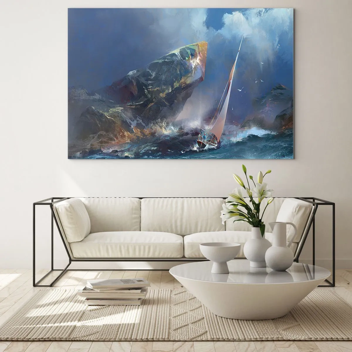 Schilderen op glas - Een zeilboot in een storm voor een rotsachtige kust - 70x50cm - Wie de moed heeft, wint - Moderne wanddecoratie voor woonkamer en slaapkamer ARTTOR