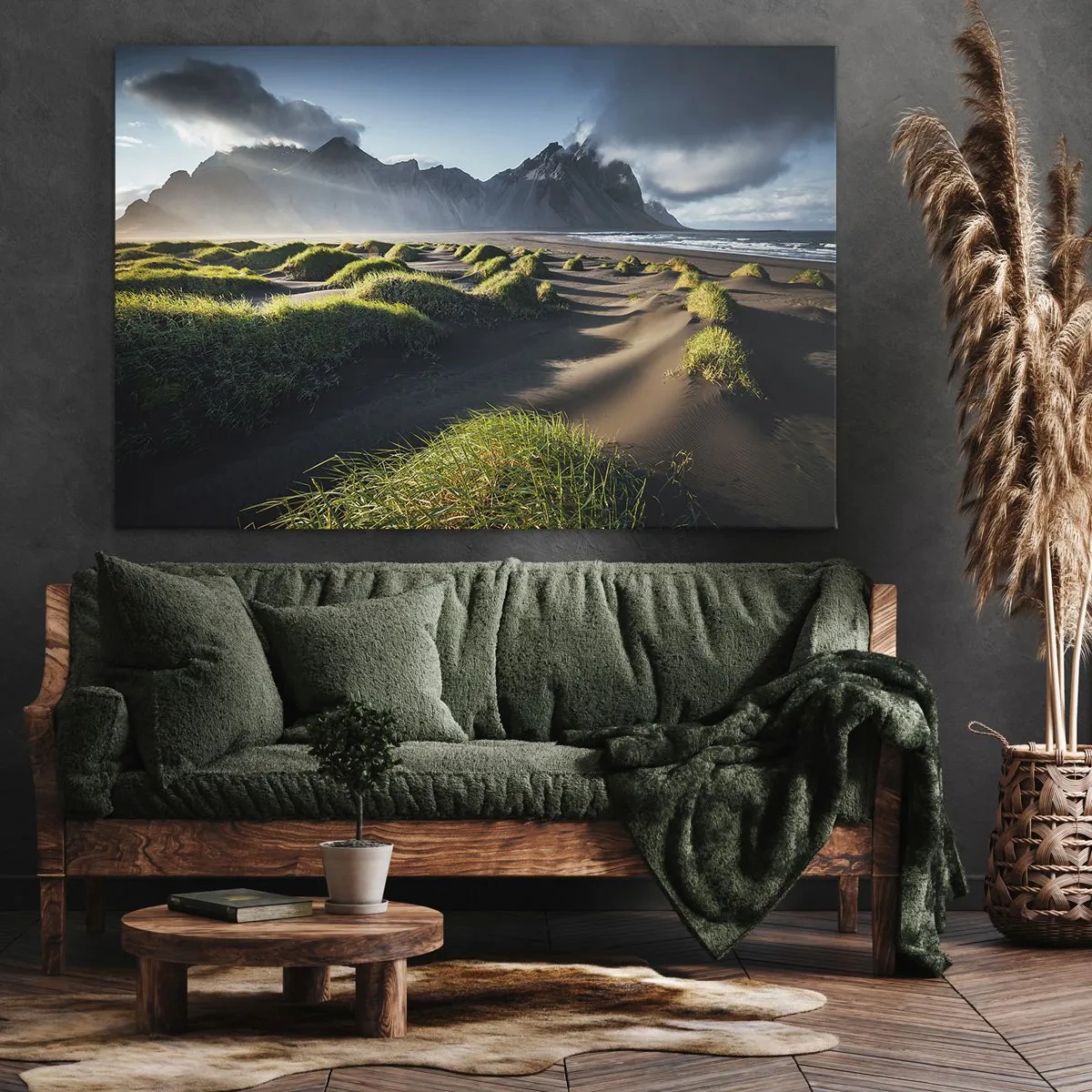 Schilderen op canvas - Groene duinen met een bergachtergrond onder een blauwe lucht - 70x50cm - Harmonie van de elementen - Moderne wanddecoratie voor woonkamer en slaapkamer ARTTOR