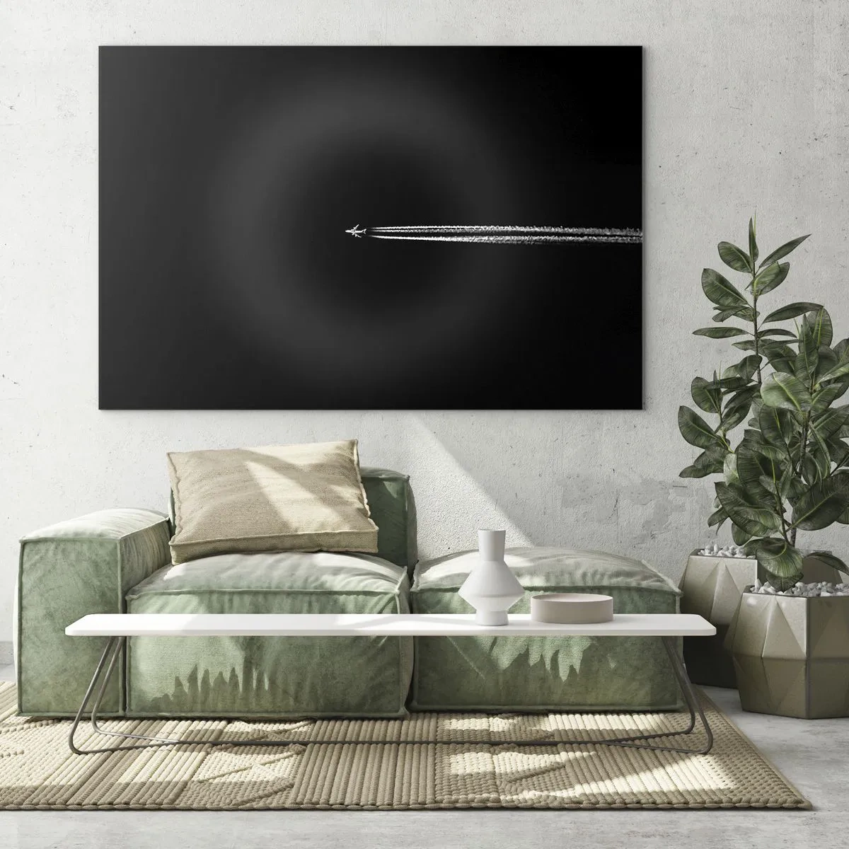 Schilderen op glas - Een straalvliegtuig op een zwarte achtergrond met een condensatiestreep - 70x50cm - Naar een andere dimensie - Moderne wanddecoratie voor woonkamer en slaapkamer ARTTOR