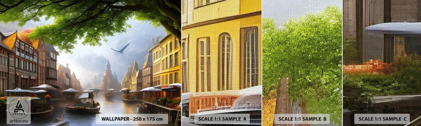 Fotobehang Monster Premium Canvas - Hollands stadsbeeld - Oude stad, Boten, Kanaal - 100x30 cm