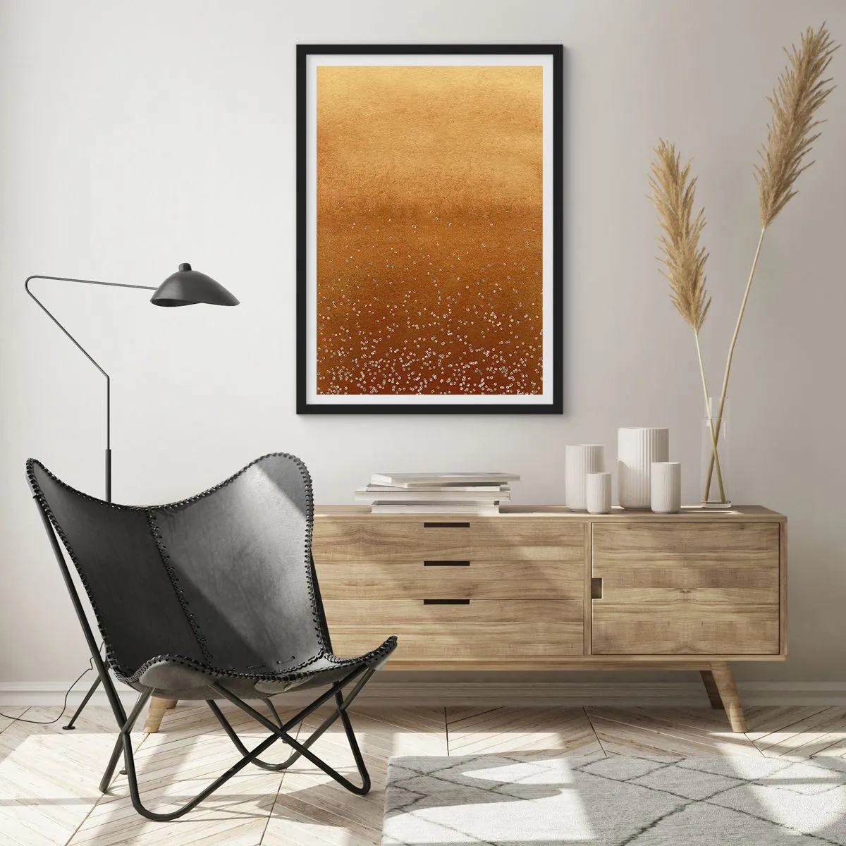 Poster in een zwarte lijst - Gouden gradiënt met kleine sprankelende elementen - 50x70cm - De geboorte van het licht - Moderne wanddecoratie voor woonkamer en slaapkamer ARTTOR