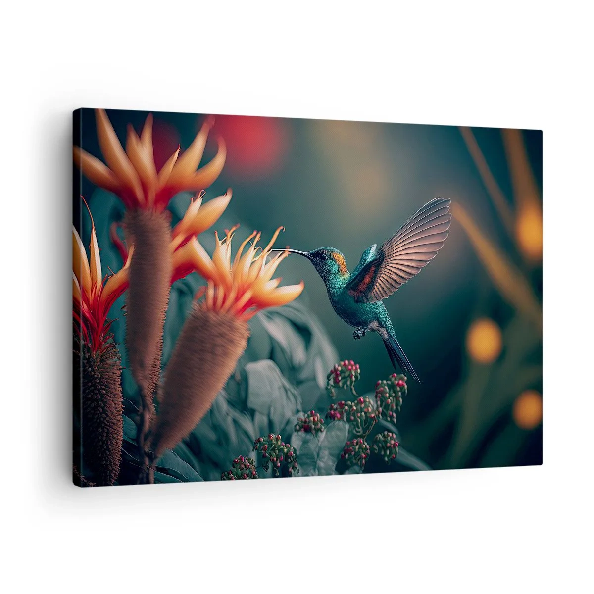 Schilderen op canvas - Een kleurrijke kolibrie bij bloemen tegen een natuurlijke achtergrond - 70x50cm - een werkelijk kleurrijk leven - Moderne wanddecoratie voor woonkamer en slaapkamer ARTTOR