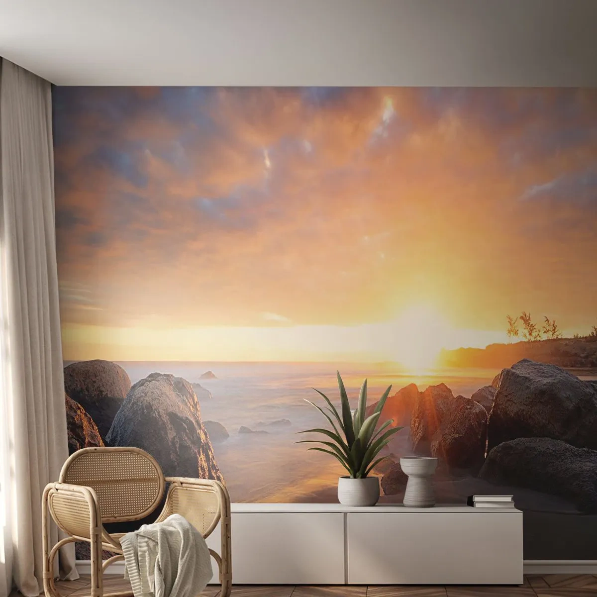 Fotobehang Premium Sand - Lichtgevende bries van de avond - Landschap, Zee, zonsopkomst - 100x70 cm