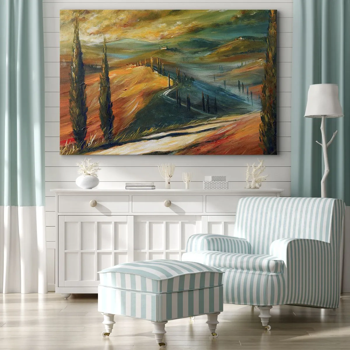 Schilderen op canvas - Toscaans landschap met velden, weg en cipressen - 70x50cm - Toscaans landschap - Moderne wanddecoratie voor woonkamer en slaapkamer ARTTOR
