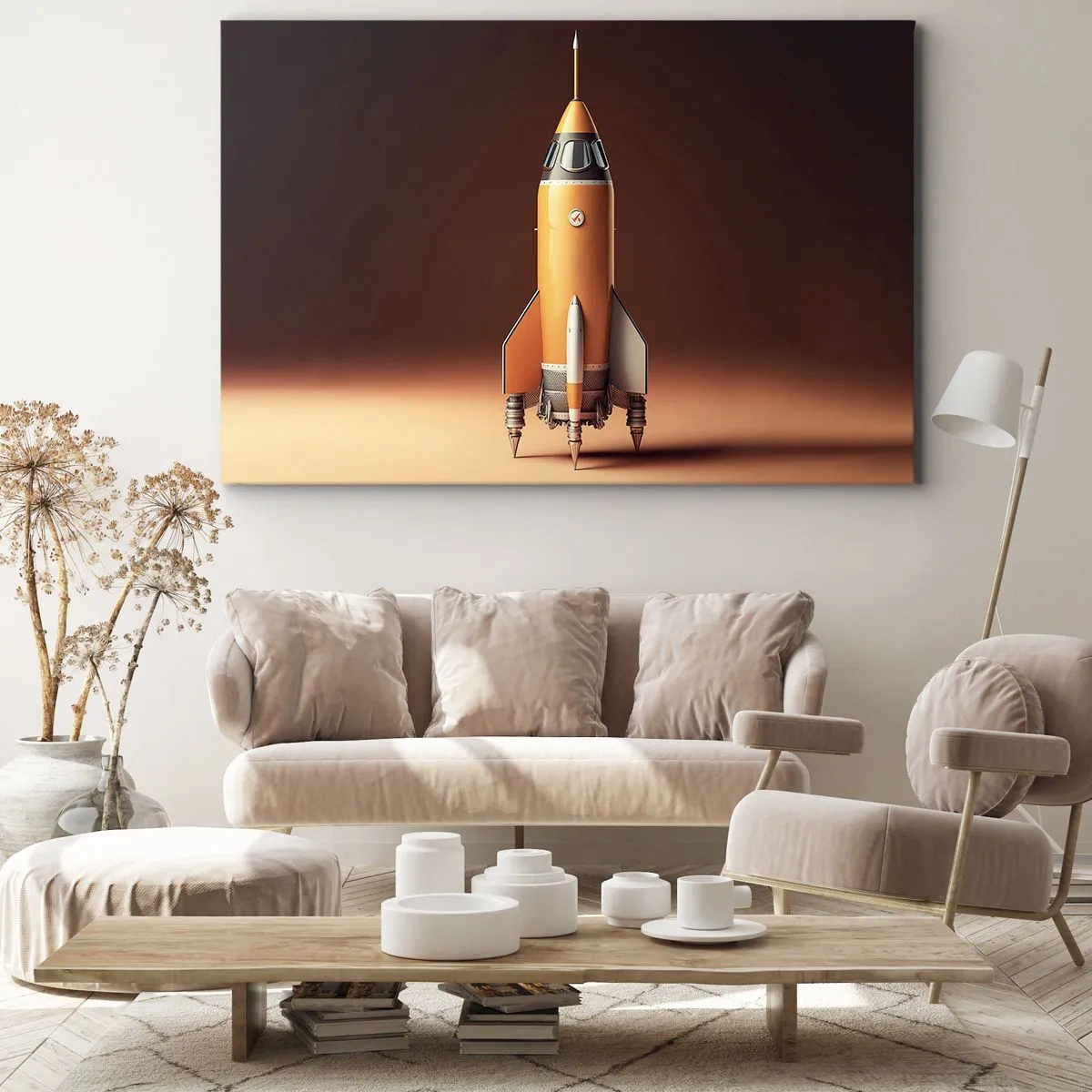 Schilderen op canvas - Een raket in retrostijl tegen een achtergrond van bruine tinten - 70x50cm - Het begint met een droom - Moderne wanddecoratie voor woonkamer en slaapkamer ARTTOR
