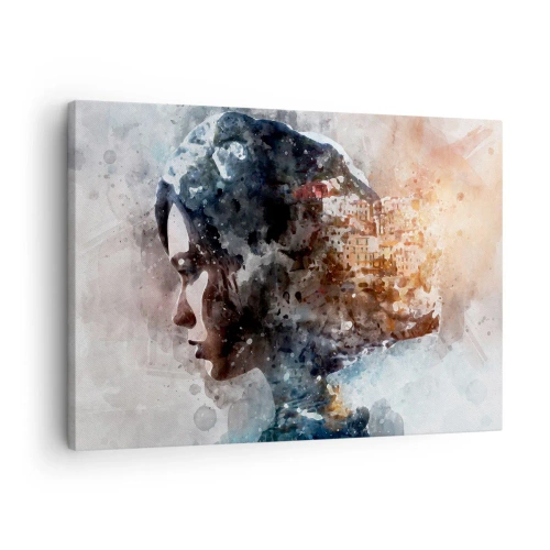 Schilderen op canvas - Portret van een vrouw die haar gezicht combineert met een stedelijk landschap op de achtergrond - 70x50cm - Een verhaal over een meisje met een stad op de achtergrond - Moderne wanddecoratie voor woonkamer en slaapkamer ARTTOR