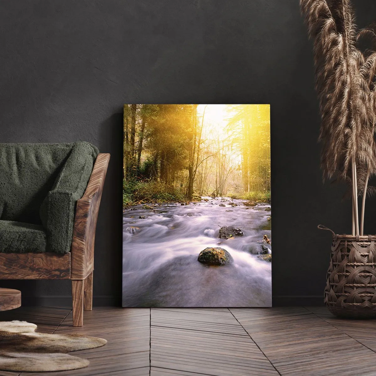 Schilderen op canvas - Malachiet in een zilveren en gouden lijst - 55x100 cm