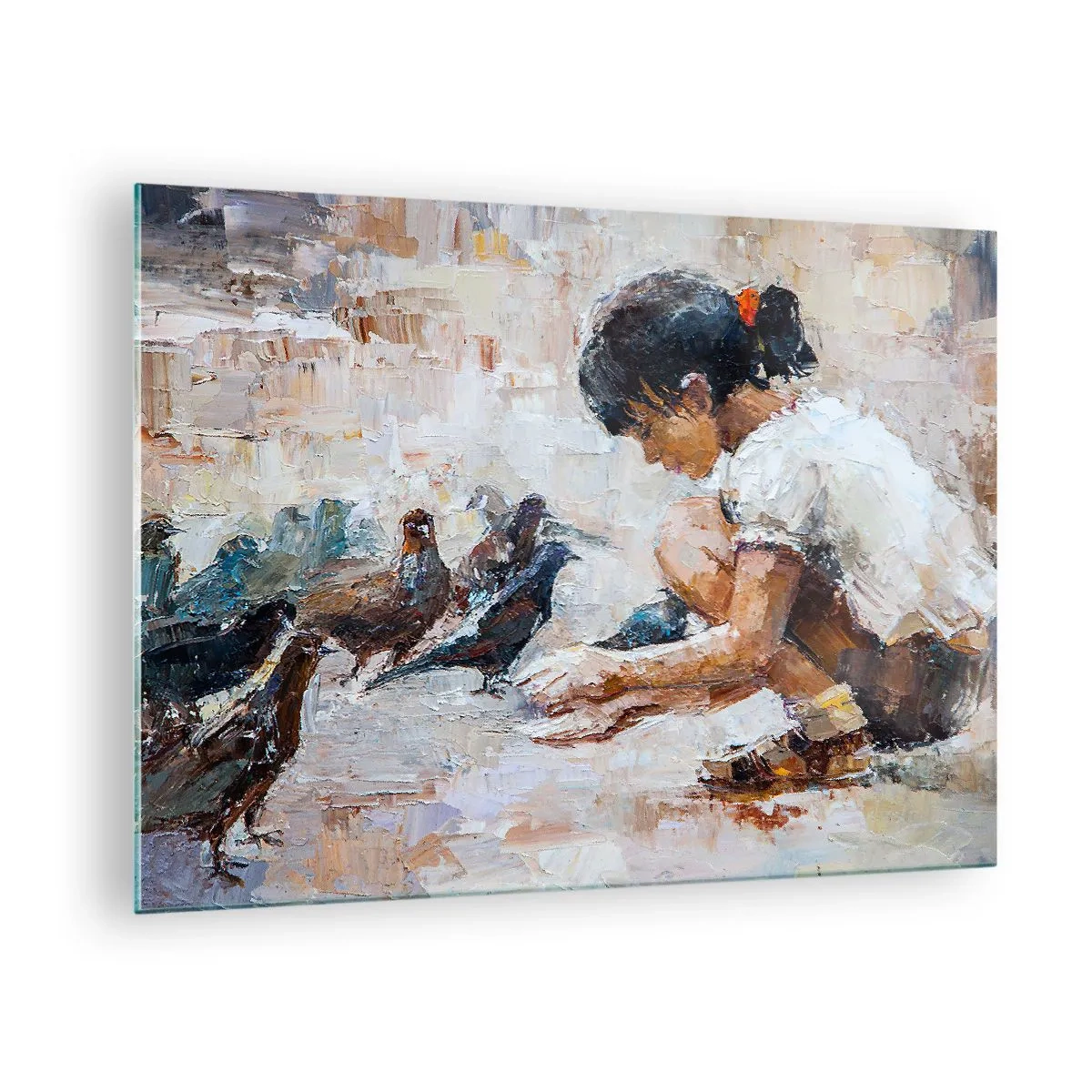Schilderen op glas - Een meisje dat vogels voedt tegen een impressionistische achtergrond - 70x50cm - De kleintjes en de leukste - Moderne wanddecoratie voor woonkamer en slaapkamer ARTTOR