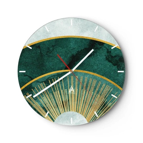 Wandklok - Klok - Groene en gouden afbeeldingen met stralen die doen denken aan een zonsopgang - 30x30cm - Een ander zonnestelsel - Moderne wanddecoratie voor woonkamer, keuken en slaapkamer ARTTOR