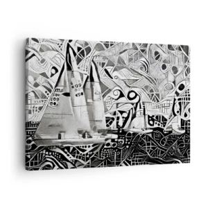 Schilderen op canvas - Abstracte zeilboten in een monochrome compositie - 70x50cm - Tussen de golven - Moderne wanddecoratie voor woonkamer en slaapkamer ARTTOR