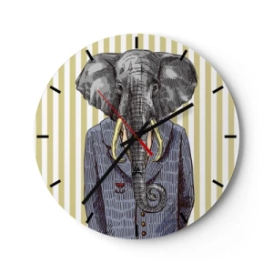 Wandklok - Klok - Een elegante tekening van een olifant in een pak tegen een achtergrond van verticale strepen. - 30x30cm - Elegant van nature - Moderne wanddecoratie voor woonkamer, keuken en slaapkamer ARTTOR