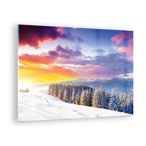 Schilderen op glas - Winterberglandschap met besneeuwde bomen en een kleurrijke lucht - 70x50cm - Op klaarlichte dag - Moderne wanddecoratie voor woonkamer en slaapkamer ARTTOR