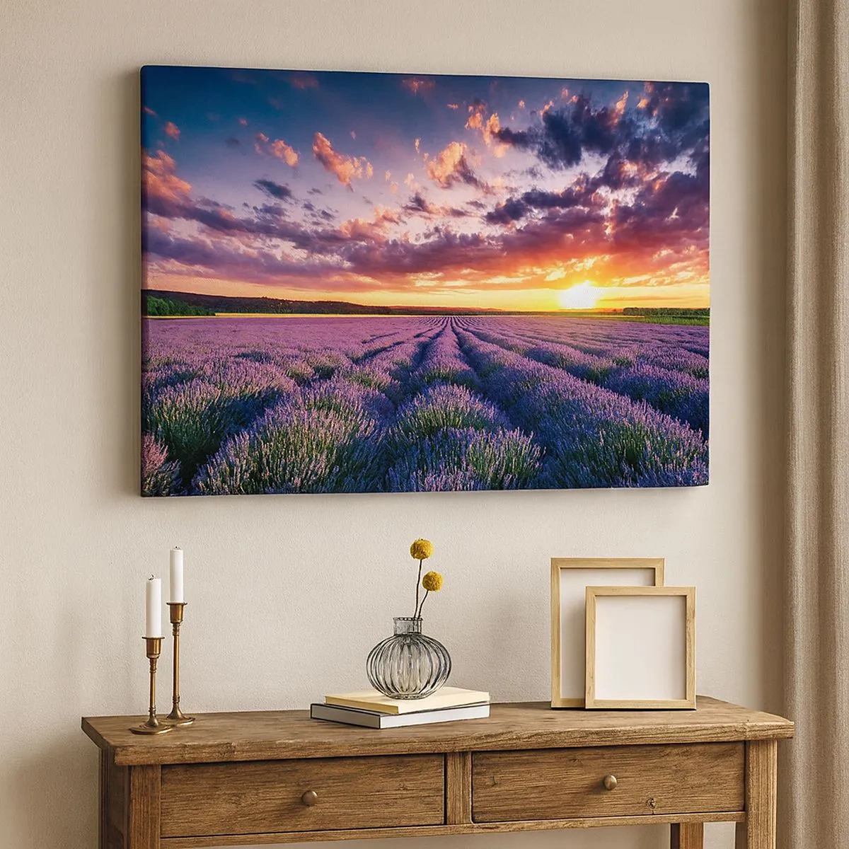 Schilderen op canvas - Een lavendelveld bij zonsondergang met een kleurrijke lucht - 70x50cm - Lavendel wereld - Moderne wanddecoratie voor woonkamer en slaapkamer ARTTOR