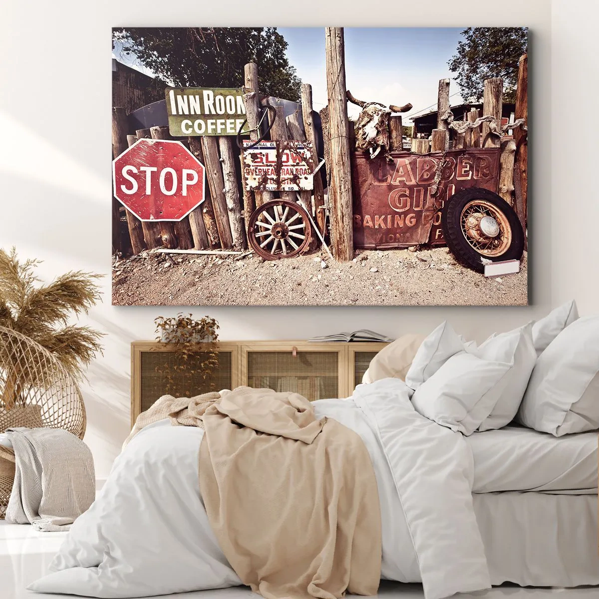 Schilderen op canvas - Rustieke decoraties met borden en een wiel aan het hek - 70x50cm - En de tijd is gestopt - Moderne wanddecoratie voor woonkamer en slaapkamer ARTTOR