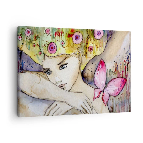 Schilderen op canvas - Een vrouw met een abstract kapsel en een roze vlinder - 70x50cm - Vlinderprinses - Moderne wanddecoratie voor woonkamer en slaapkamer ARTTOR