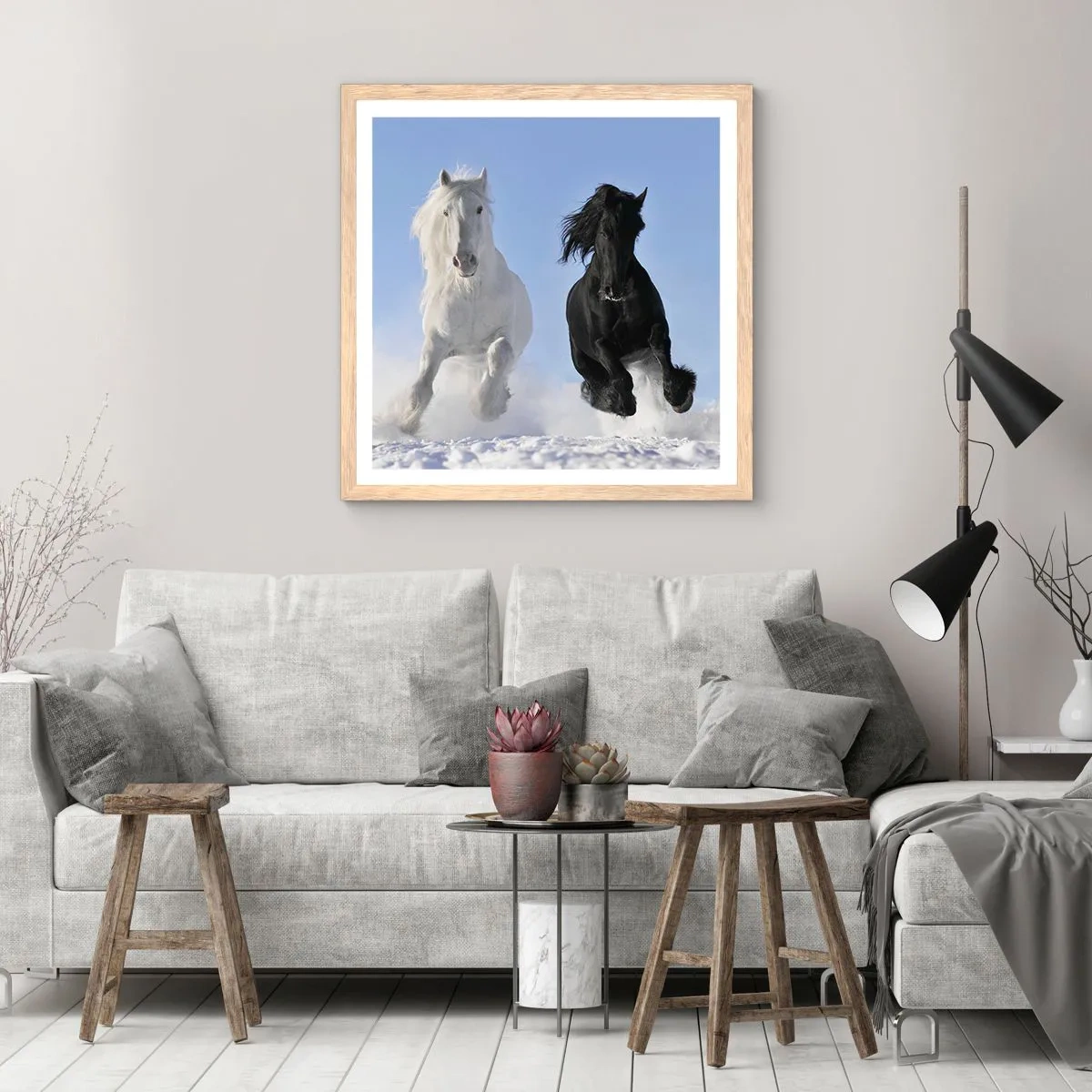 Een poster in een licht eiken lijst - Zwart-wit galop - 30x30 cm