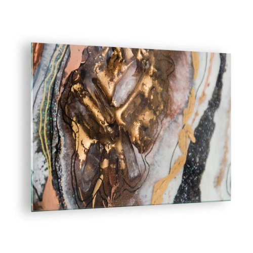 Schilderen op glas - Een abstract schilderij in tinten goud, bruin en wit met een minerale textuur. - 70x50cm - Het element aarde - Moderne wanddecoratie voor woonkamer en slaapkamer ARTTOR