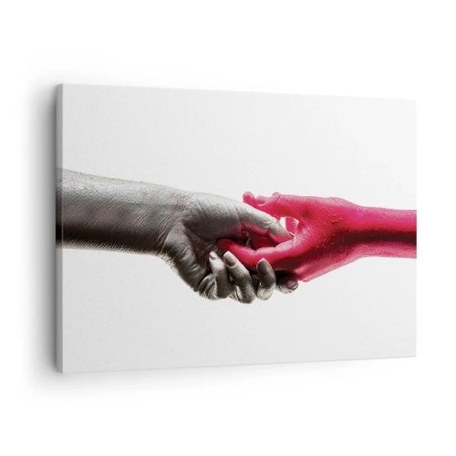 Schilderen op canvas - Symbolische handen in zilver en rood - 70x50cm - Samen, hoewel anders - Moderne wanddecoratie voor woonkamer en slaapkamer ARTTOR