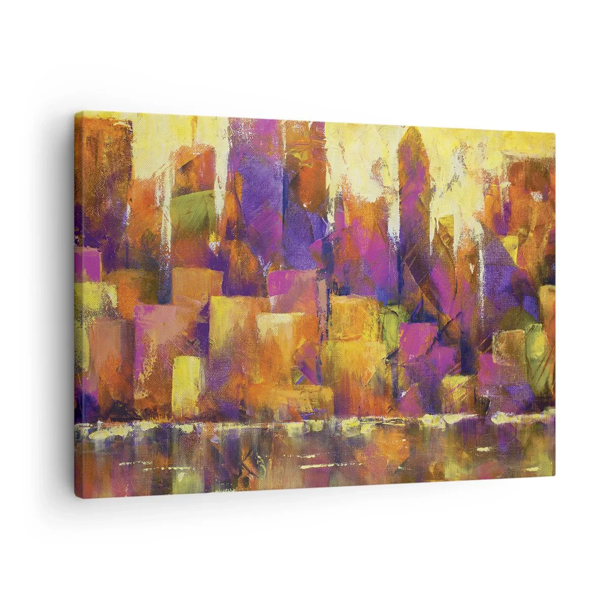 Schilderen op canvas - Abstracte compositie van een metropool in tinten geel en paars - 70x50cm - Metropolitan compositie - Moderne wanddecoratie voor woonkamer en slaapkamer ARTTOR