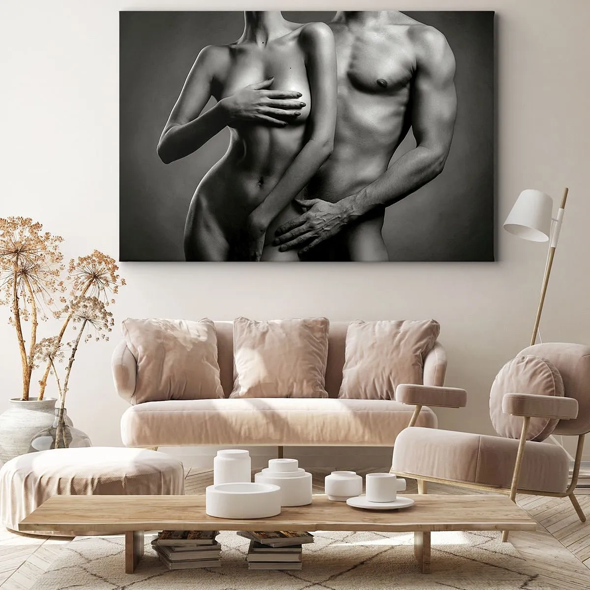 Schilderen op canvas - Zwart-wit weergave van vrouwelijke en mannelijke lichamen in een artistieke pose - 70x50cm - Adam en Eva - Moderne wanddecoratie voor woonkamer en slaapkamer ARTTOR